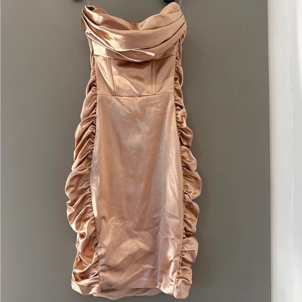 Oh Polly Strapless Satin Dress in Blush